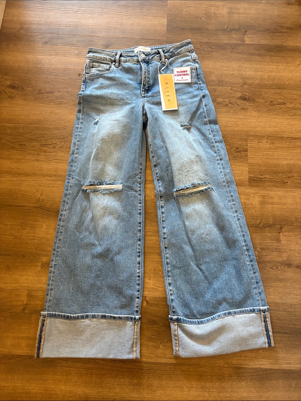 Risen Women's Light Blue Wide-Leg Distressed Jeans with Tummy Control